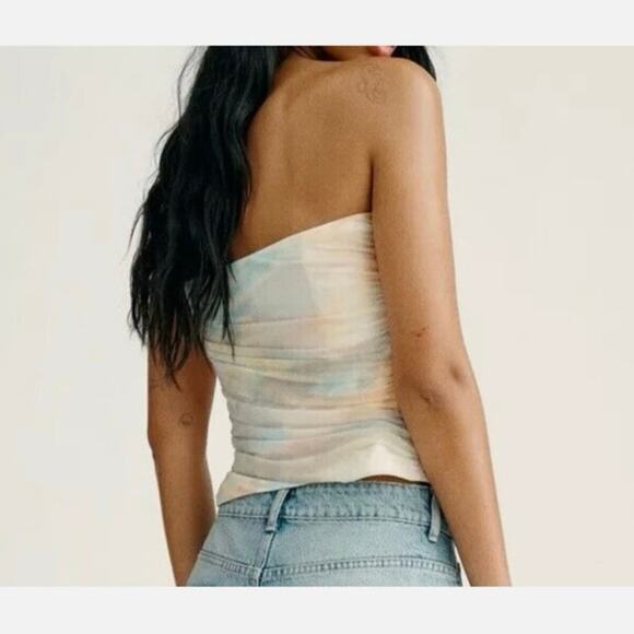 NWOT Blogger Fave Zara Pleated Mesh Strapless Tube Top Pastel Watercolor Print M - Picture 2 of 7